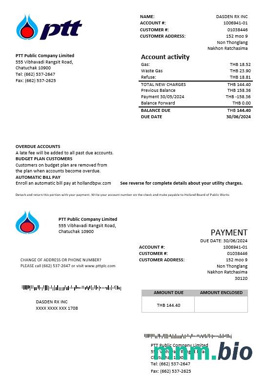 Tajlandia PTT Gaz rachunek za usługi komunalne szablon w formacie Word i PDF